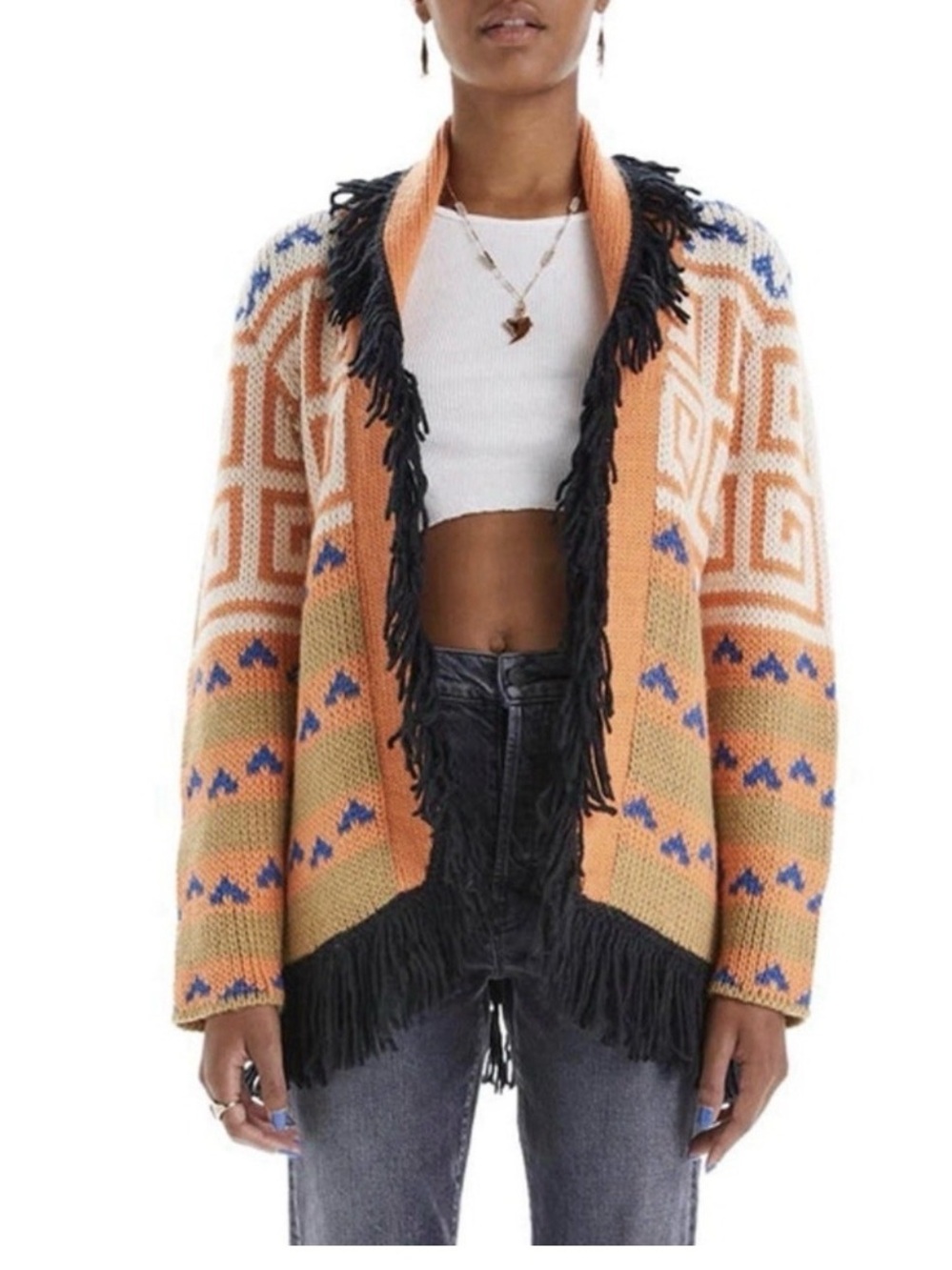 MOTHER Chunky Fringe Cardigan Runaway Child Alpaca Aztec Sweater Size Medium